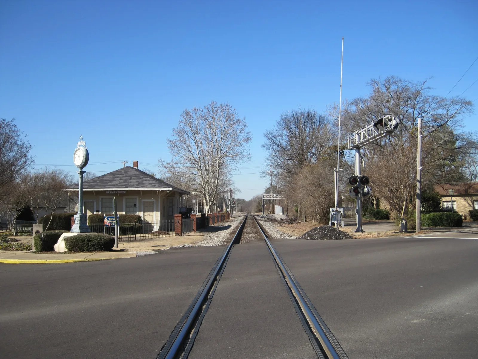 The Germantown Train Depot on West Street, with its clock and historical marker at the rail crossing, where Santa visits Dec. 19.