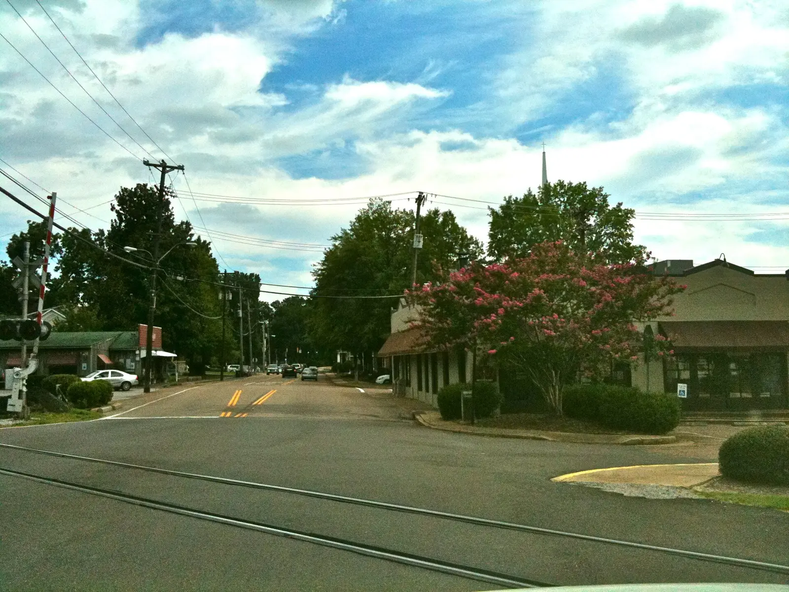 A street crossing the railroad tracks in Old Germantown, near the historic depot.