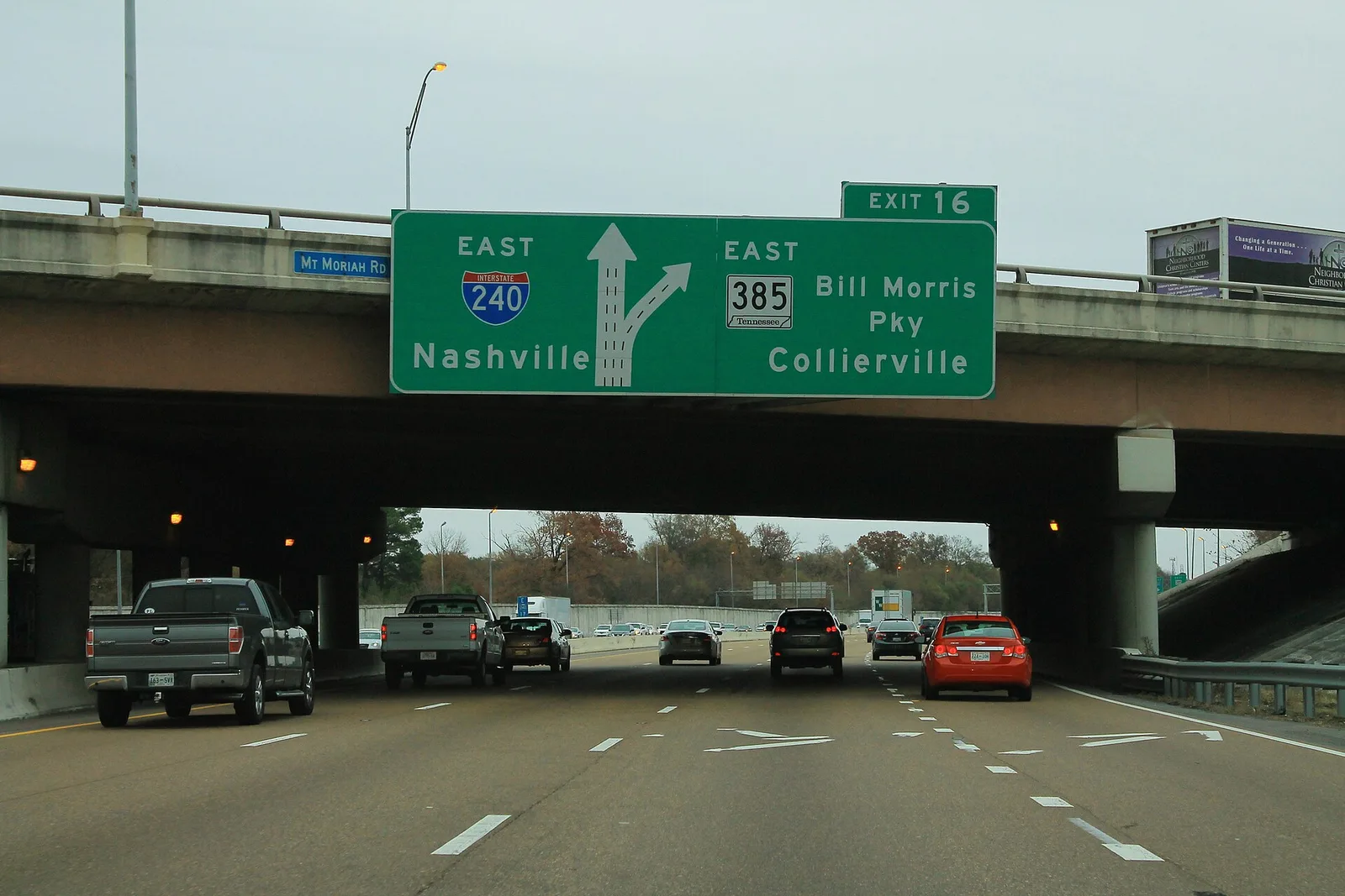 The Exit 16 sign on eastbound Interstate 240 in Memphis for State Route 385, Bill Morris Parkway, the route toward Germantown and Collierville.