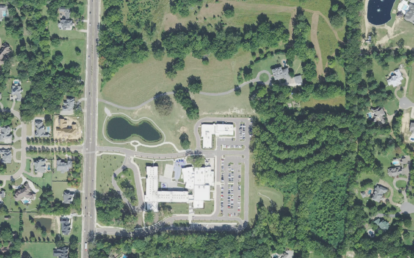 The Germantown Municipal School District campus on South Forest Hill-Irene Road, where GOAL's office address and Forest Hill Elementary sit, seen from the air.
