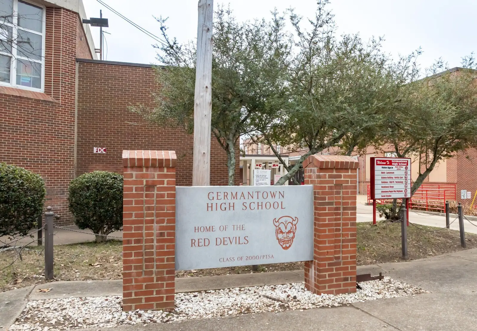 The sign in front of Germantown High School on Poplar Pike, a Memphis-Shelby County Schools campus inside Germantown.