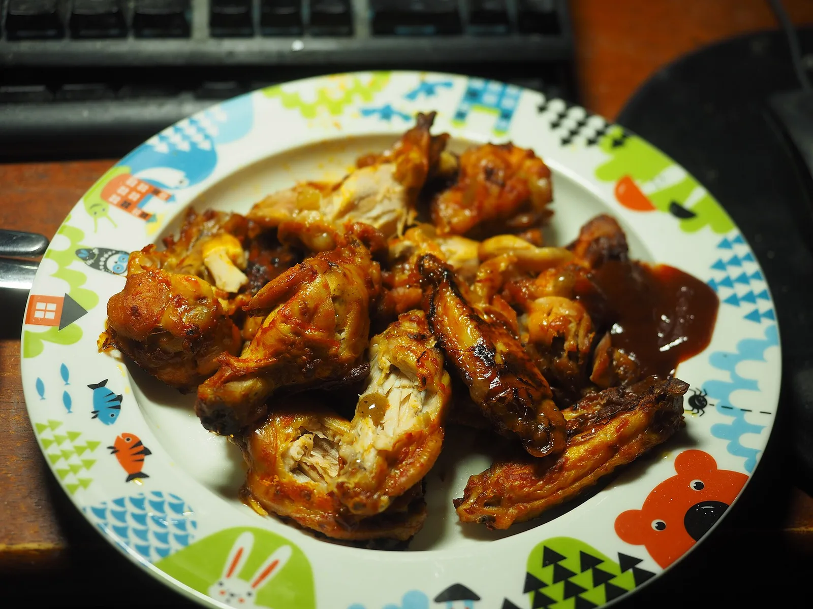 A plate of chicken wings in barbecue sauce. The photo was not taken at a Germantown restaurant.